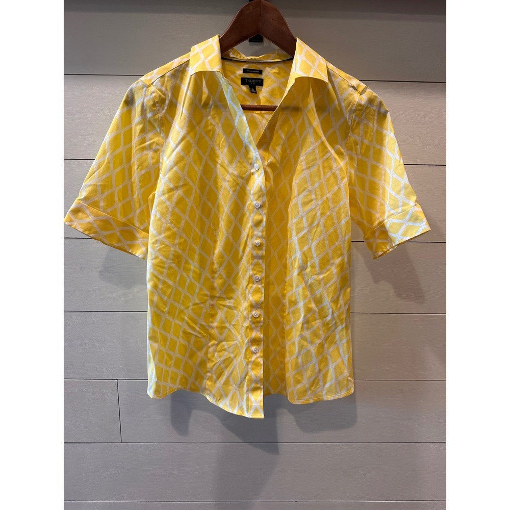Talbots Petites Yellow White Geometric Button Down Shirt Wrinkle Resistant 8P